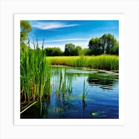 Grass Plant Vegetation Water Reed Calm Cane Season Scene Green Tranquil Background Natur (3) Art Print