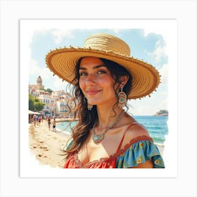 Enchanting Greek Woman In Watercolor, With The Vibrant Colors Of A Local Festival 1 Art Print