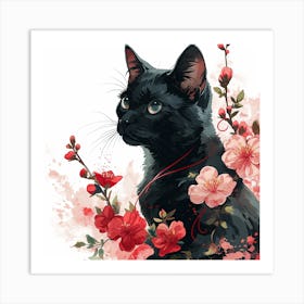 Black Cat With Cherry Blossoms Art Print