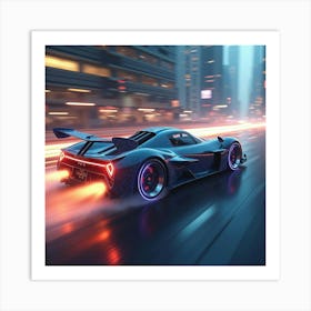 Sleek Flying Car With Wings, Zooming Through A Glowing Urban Landscape 1 Art Print