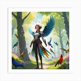 Woman With Wings And Birds Art Print