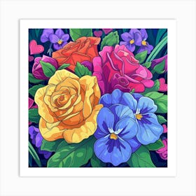 Bouquet Of Roses And Pansies Art Print