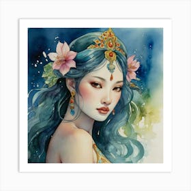 Chinese Woman The Magic of Watercolor: A Deep Dive into Undine, the Stunningly Beautiful Asian Goddess 2 Art Print