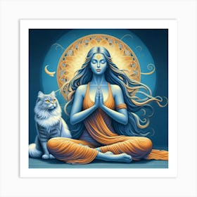 Meditating Woman With Cat 2 Art Print