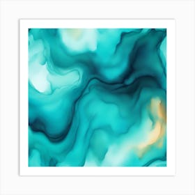 Beautiful azure turquoise abstract background. Drawn, hand-painted aquarelle. Wet watercolor pattern. Artistic background with copy space for design. Vivid web banner. Liquid, flow, fluid effect. Art Print
