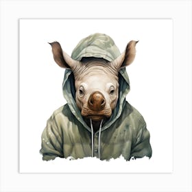 Watercolour Cartoon Rhinoceros In A Hoodie Art Print