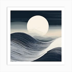 Moon Over Waves Canvas Print, Wavy Wave, black and white design with attracting art , wall art , tails design Generate An Abstract Design With Soft Curved Lines In Neutral Tones Emphasizing Simplicity Art Print