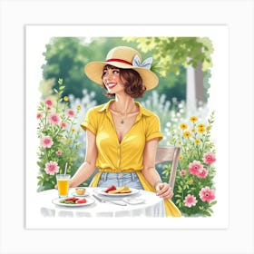 French Lady At A Summer Garden Party, Watercolor With Bright, Cheerful Hues 1 Art Print