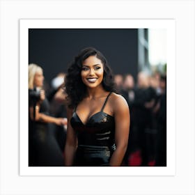 A Black Woman Voluptuous Sexy Wearing Black Latex Dress Long Hair Big Smile on the Red Carpet - Created by Midjourney Art Print