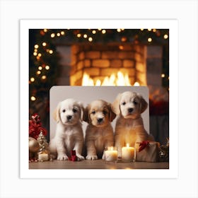 Golden Retriever Puppies In Front Of Fireplace Art Print