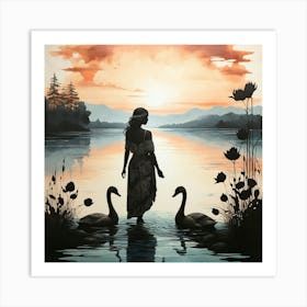 Boho art Silhouette of Lake and swans 1 Art Print