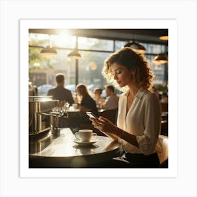 Modern Woman Engages With A Sleek Smartphone At A Bustling Coffee Shop Surrounded By The Hazy Glow Art Print