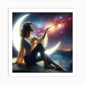 Beautiful Woman Sitting On The Moon Art Print