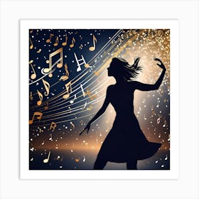 Silhouette Of A Woman Dancing With Music Notes Art Print