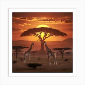 Giraffes At Sunset Art Print