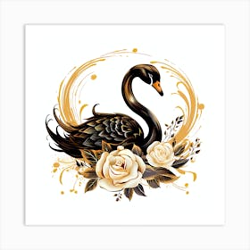 Black Swan With Roses 1 Art Print