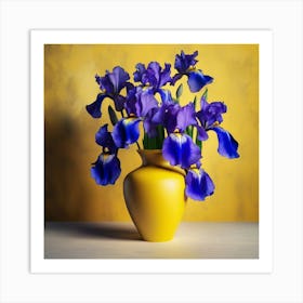 vase With Irises Against A Yellow Background Art Print