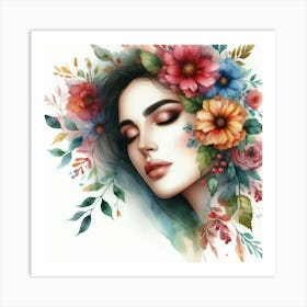 Watercolor Of A Woman With Flowers 10 Art Print