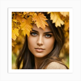 Beautiful Young Woman In Autumn Leaves Art Print