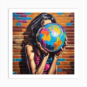 Girl Holding A Globe Art Print