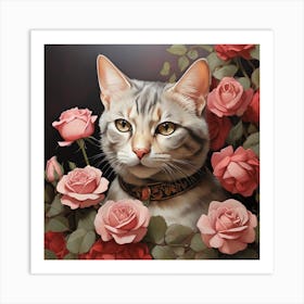 Domestic Shorthair Cat With Roses art Art Print