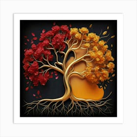 Template: Half red and half black, solid color gradient tree with golden leaves and twisted and intertwined branches 3D oil painting 13 Art Print