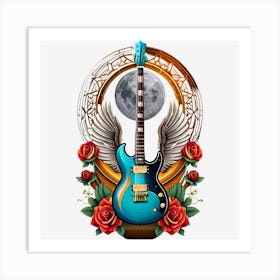 Electric Guitar With Roses And Moon Art Print