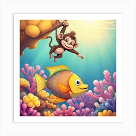 Monkey And Fish Under The Sea Art Print