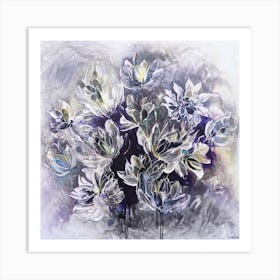 Grey And Blue Flower Painting Square Art Print