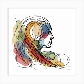 Abstract Human Head In Side View - Color Sketch Drawing Art Print