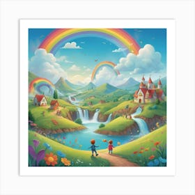 A playful and colorful children’s illustration of a fantasy world with cute characters, rolling hills, fluffy clouds, and a rainbow-filled sky. The scene is joyful and imaginative, full of fun details 1 Art Print