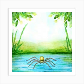 Anthropomorphic Water Spider Seated Beside A Serene Pond Legs Delicately Positioned Charming Lumin Art Print