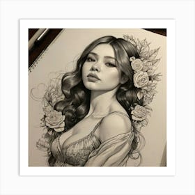 Asian Girl With Roses Art Print