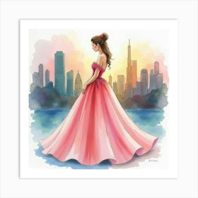 Lovely Gown In Watercolor, Set Against A Vibrant Cityscape 1 Art Print