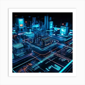 Cutting Edge Industrial Management And Automation System Interface Neon Glowing Lines On A Dark Bac Art Print