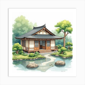 Traditional Japanese Tea House In Watercolor, With Serene Gardens And Tea Sets Art Print