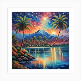 Palm Trees At Night. Radiant Dawn: Colorful Landscape Art with Majestic Mountains and Palm Trees Art Print