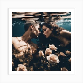 Tyndall Effect, A Beautiful Man Ans Woman Lies Underwater In Front Of Pale Black Roses ,Sunbeams In (1) Art Print
