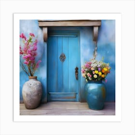 Blue wall. An old-style door in the middle, silver in color. There is a large pottery jar next to the door. There are flowers in the jar Spring oil colors. Wall painting.5 Art Print