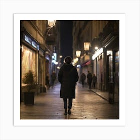 Man Walking Down A Street At Night Art Print