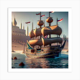 Xebec Ship Sailing On The Sea With Persian Town (2) Art Print