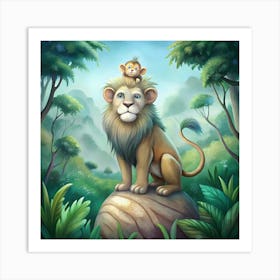 Lion And Monkey In The Jungle Art Print