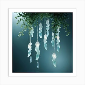 Delicate, Glowing Glass Sculptures Resembling Jellyfish Or Icicles Hang From Leafy Branches Against A Blue Green Background Art Print