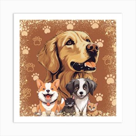 Golden Retriever And Cats Art Print