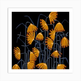 Linocut Flower Meadow Mustard Black Art Print