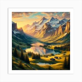 Sunset In The Mountains With Lush Green Meadows And Lake Art Print