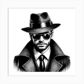 Man In Hat -Black and White Art Print