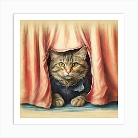 Cat Peeking Out Of Curtains 2 Art Print