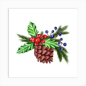 Pine Cone with Pine Branches, Berries and Mistletoe Art Print