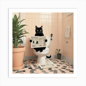 Cat Reading A Newspaper In Toilet (2) Art Print